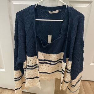 Navy and Cream Women's Sweater